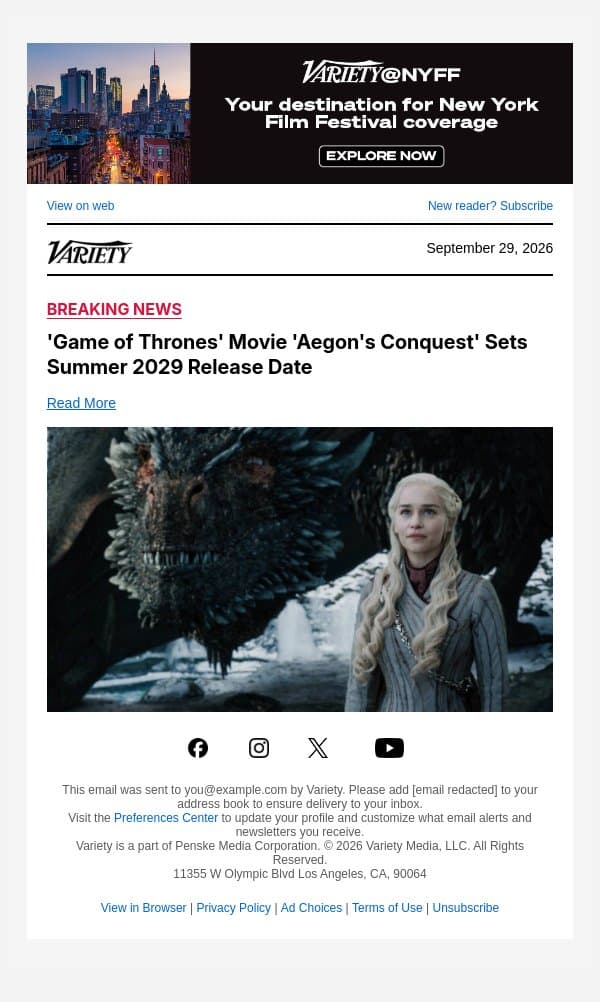'Game of Thrones' Movie 'Aegon's Conquest' Sets Summer 2029 Release Date email from Variety screenshot