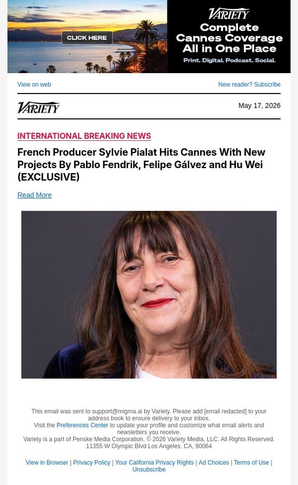French Producer Sylvie Pialat Hits Cannes With New Projects By Pablo Fendrik, Felipe Gálvez and Hu Wei (EXCLUSIVE) email from Variety screenshot