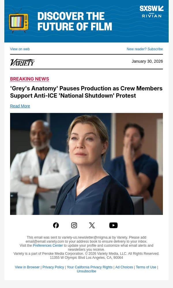 'Grey's Anatomy' Pauses Production as Crew Members Support Anti-ICE 'National Shutdown' Protest email from Variety screenshot