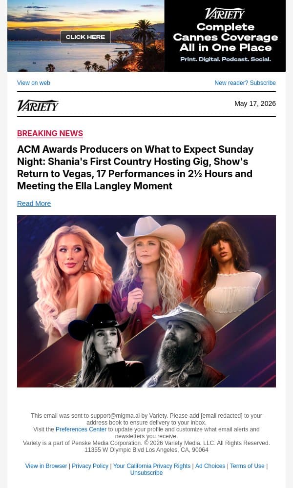 ACM Awards Producers on What to Expect Sunday Night: Shania's First Country Hosting Gig, Show's Return to Vegas, 17 Performances in 2½ Hours and Meeting the Ella Langley Moment email from Variety screenshot