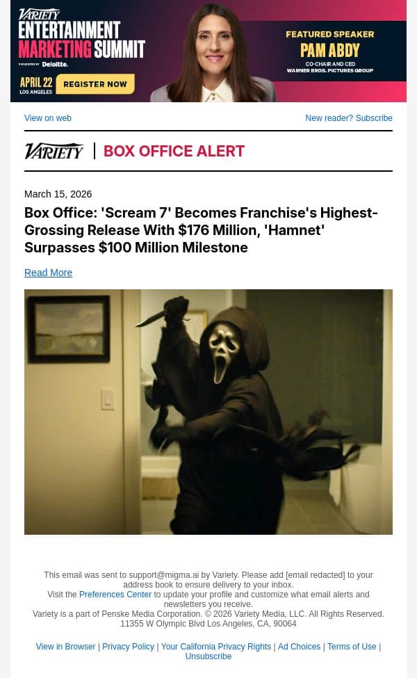 Box Office: 'Scream 7' Becomes Franchise's Highest-Grossing Release With $176 Million, 'Hamnet' Surpasses $100 Million Milestone email from Variety screenshot