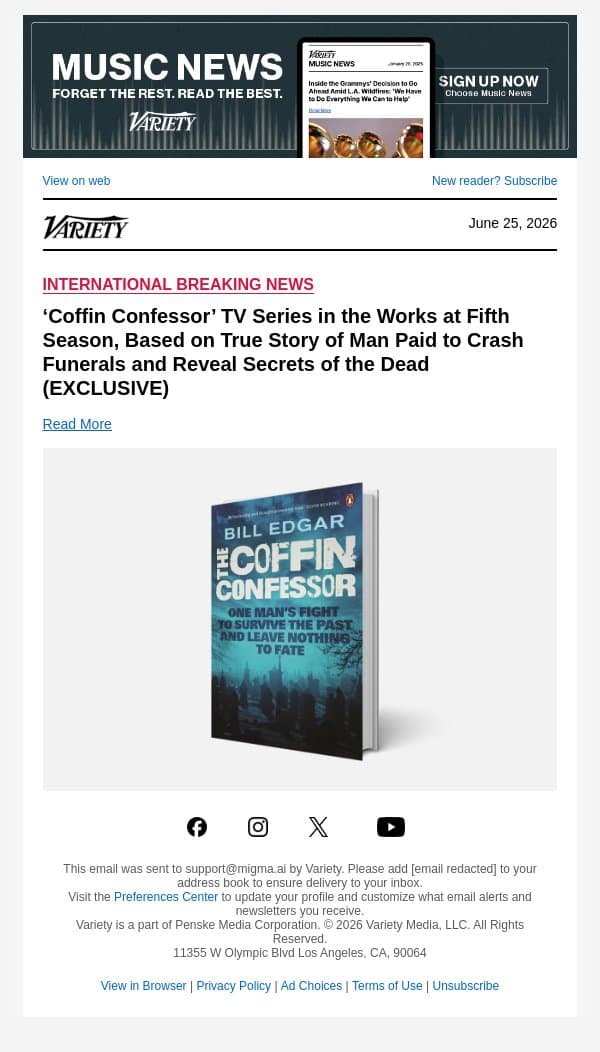 ‘Coffin Confessor’ TV Series in the Works at Fifth Season, Based on True Story of Man Paid to Crash Funerals and Reveal Secrets of the Dead (EXCLUSIVE) email from Variety screenshot