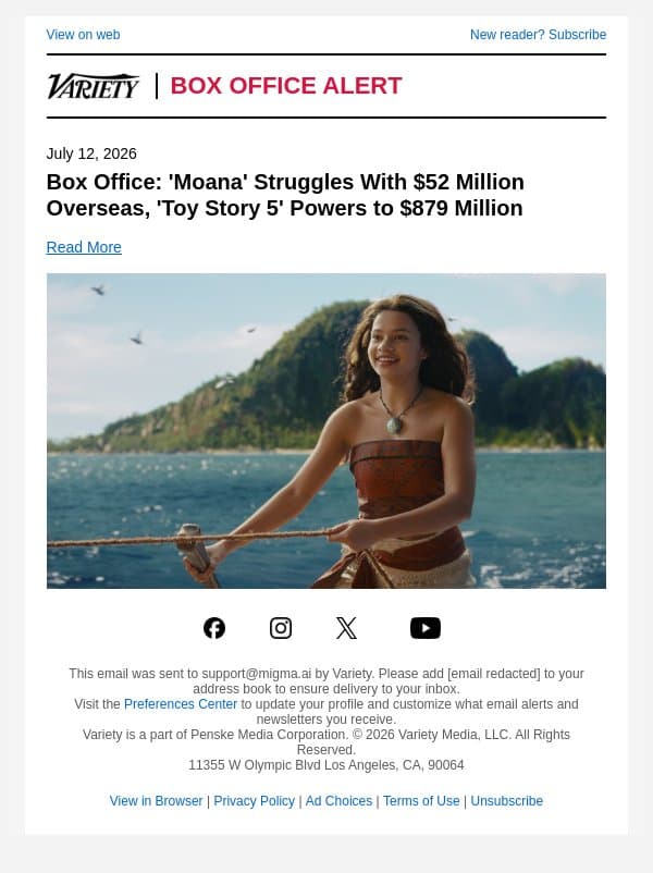 Box Office: 'Moana' Struggles With $52 Million Overseas, 'Toy Story 5' Powers to $879 Million email from Variety screenshot