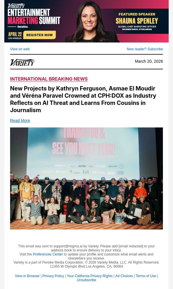 New Projects by Kathryn Ferguson, Asmae El Moudir and Véréna Paravel Crowned at CPH:DOX as Industry Reflects on AI Threat and Learns From Cousins in Journalism email from Variety screenshot