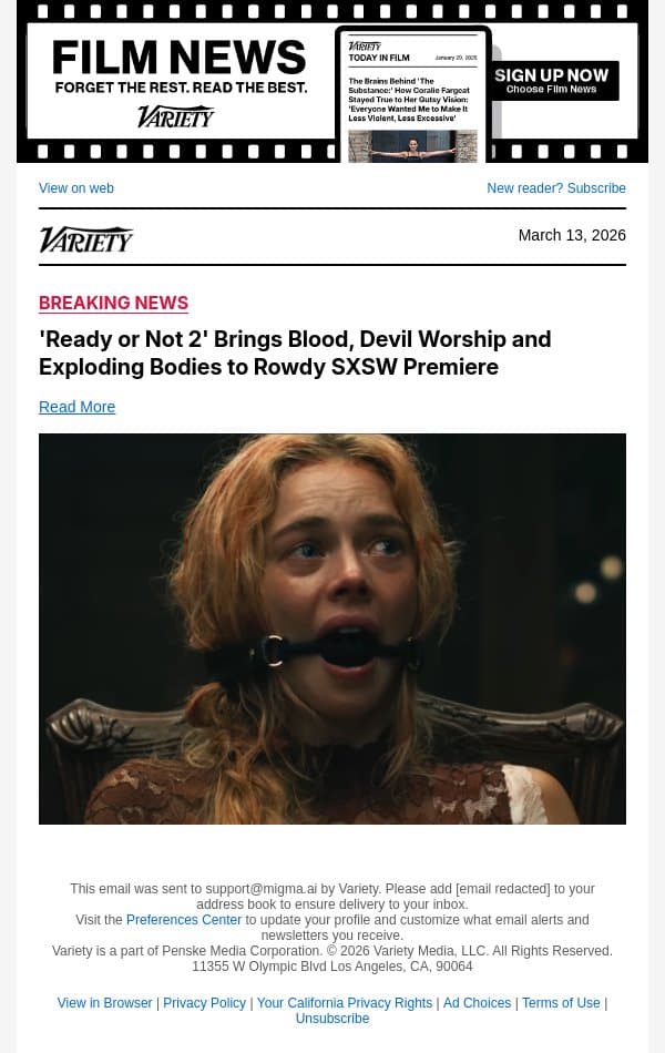 'Ready or Not 2' Brings Blood, Devil Worship and Exploding Bodies to Rowdy SXSW Premiere email from Variety screenshot