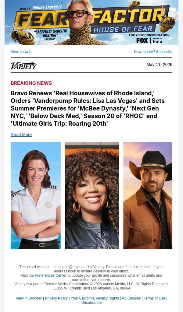 Bravo Renews 'Real Housewives of Rhode Island,' Orders 'Vanderpump Rules: Lisa Las Vegas' and Sets Summer Premieres for 'McBee Dynasty,' 'Next Gen NYC,' 'Below Deck Med,' Season 20 of 'RHOC' and 'Ultimate Girls Trip: Roaring 20th' email from Variety screenshot