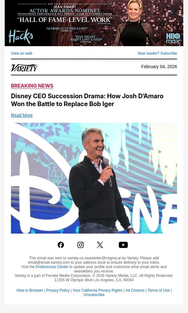 Disney CEO Succession Drama: How Josh D’Amaro Won the Battle to Replace Bob Iger email from Variety screenshot