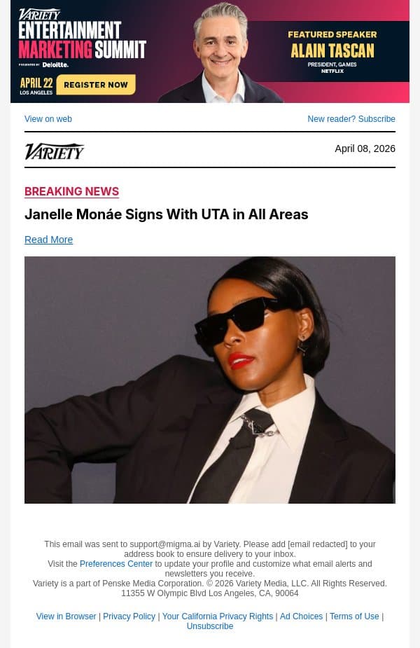 Janelle Monáe Signs With UTA in All Areas email from Variety screenshot