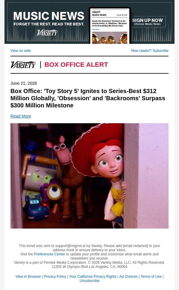 Box Office: 'Toy Story 5' Ignites to Series-Best $312 Million Globally, 'Obsession' and 'Backrooms' Surpass $300 Million Milestone email from Variety screenshot
