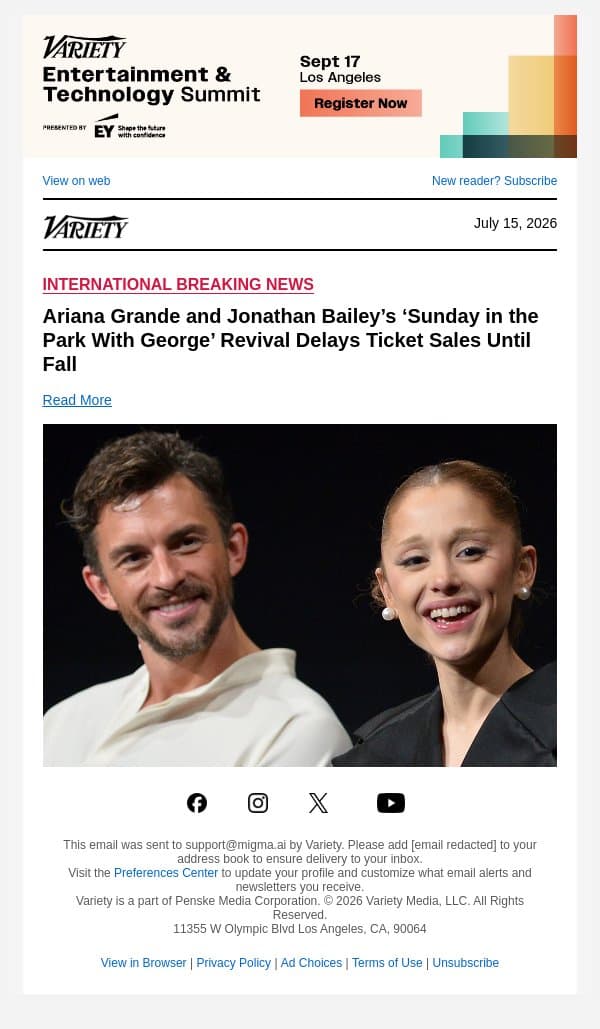 Ariana Grande and Jonathan Bailey’s ‘Sunday in the Park With George’ Revival Delays Ticket Sales Until Fall email from Variety screenshot
