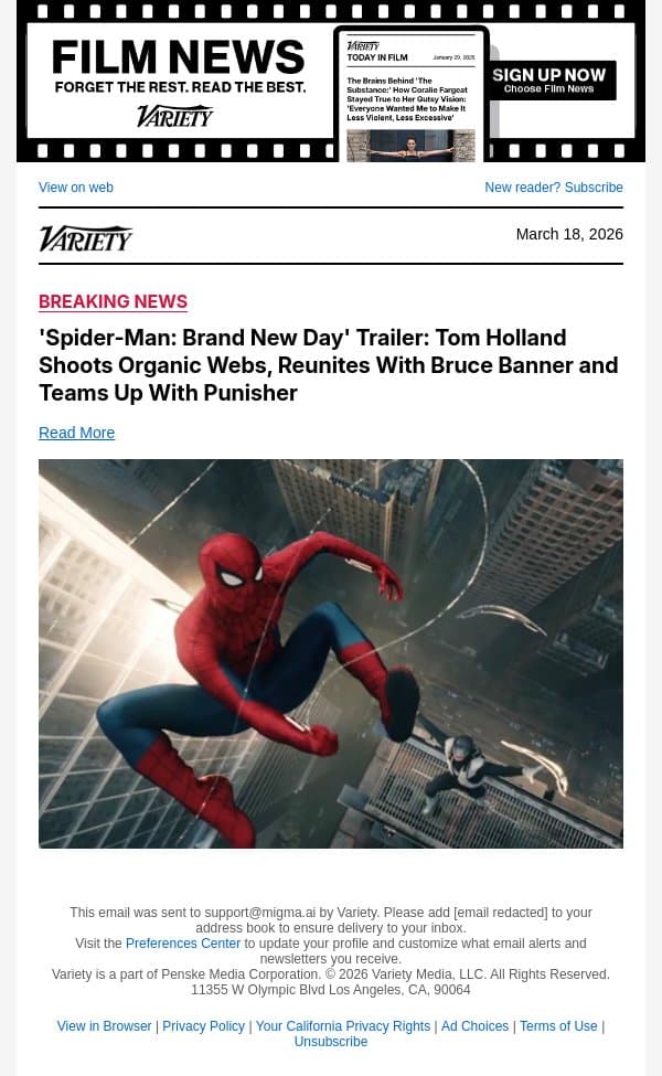 'Spider-Man: Brand New Day' Trailer: Tom Holland Shoots Organic Webs, Reunites With Bruce Banner and Teams Up With Punisher email from Variety screenshot