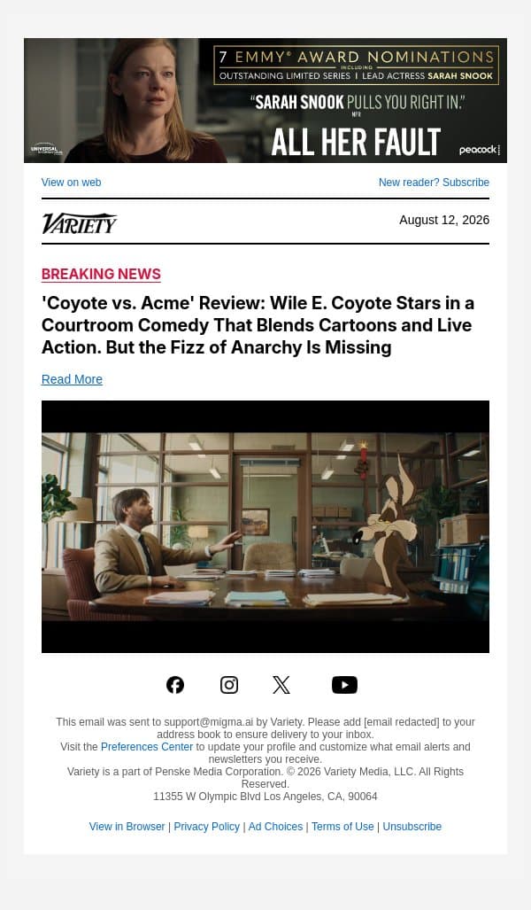 'Coyote vs. Acme' Review: Wile E. Coyote Stars in a Courtroom Comedy That Blends Cartoons and Live Action. But the Fizz of Anarchy Is Missing email from Variety screenshot