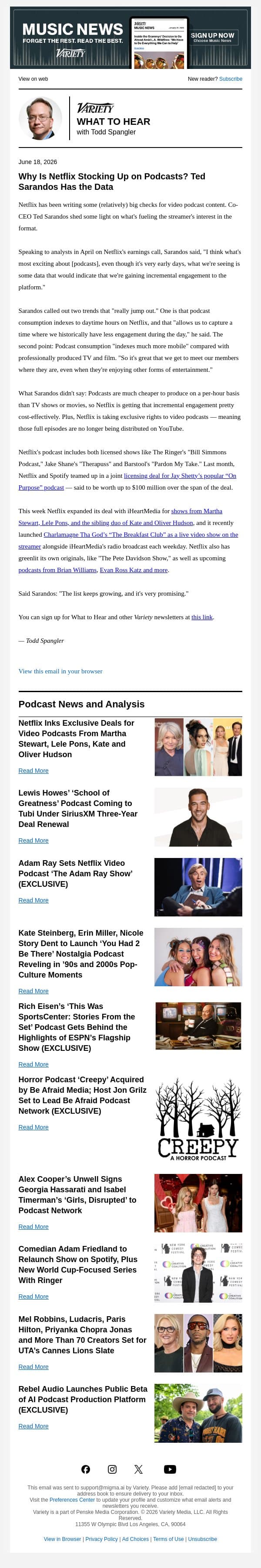 What to Hear Podcast Newsletter: The Data Behind Netflix's Podcast Push; Horror Show 'Creepy' Has New Owner; Rich Eisen Goes Behind 'SportsCenter'; Alex Cooper's Unwell Adds 'Girls, Disrupted'; and More email from Variety screenshot