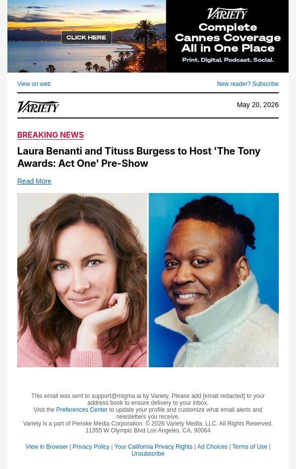 Laura Benanti and Tituss Burgess to Host 'The Tony Awards: Act One' Pre-Show email from Variety screenshot