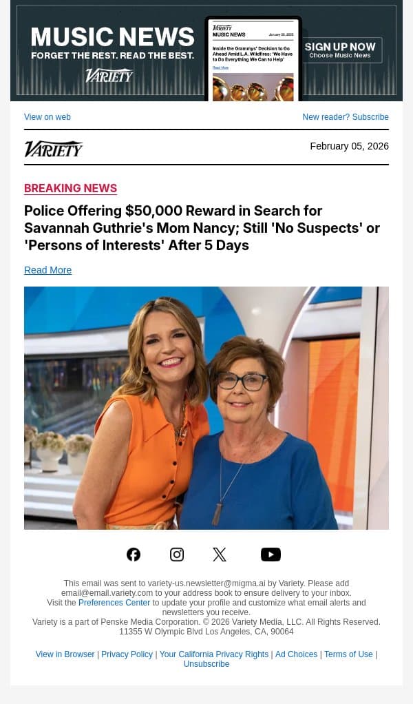 Police Offering $50,000 Reward in Search for Savannah Guthrie's Mom Nancy; Still 'No Suspects' or 'Persons of Interests' After 5 Days email from Variety screenshot