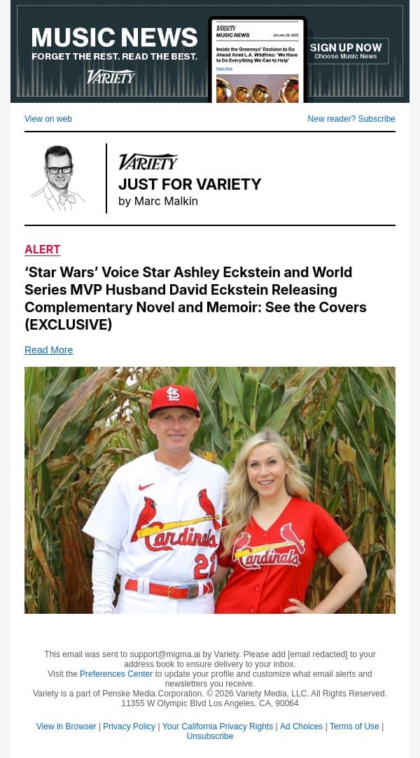 ‘Star Wars’ Voice Star Ashley Eckstein and World Series MVP Husband David Eckstein Releasing Complementary Novel and Memoir: See the Covers (EXCLUSIVE) email from Variety screenshot