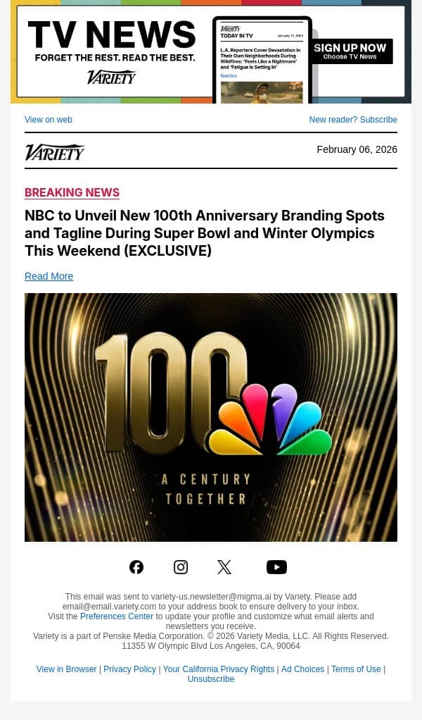 NBC to Unveil New 100th Anniversary Branding Spots and Tagline During Super Bowl and Winter Olympics This Weekend (EXCLUSIVE) email from Variety screenshot