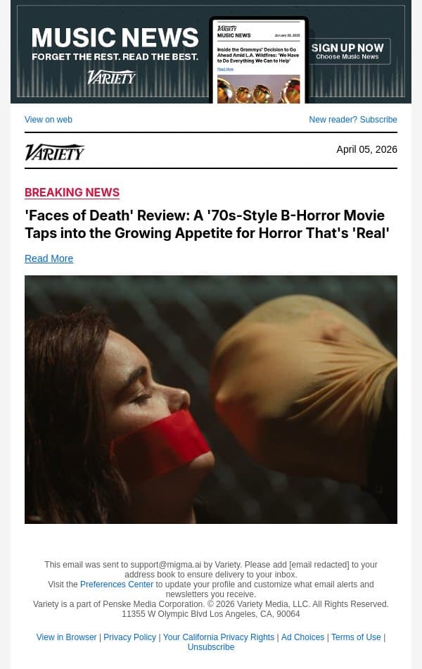 'Faces of Death' Review: A '70s-Style B-Horror Movie Taps into the Growing Appetite for Horror That's 'Real' email from Variety screenshot