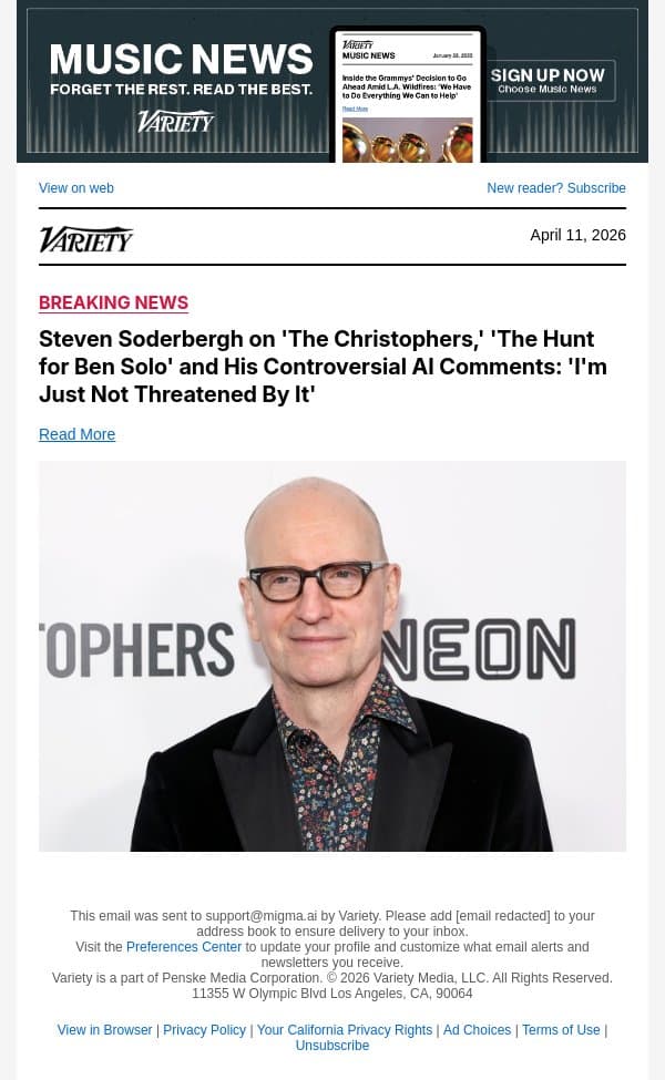 Steven Soderbergh on 'The Christophers,' 'The Hunt for Ben Solo' and His Controversial AI Comments: 'I'm Just Not Threatened By It' email from Variety screenshot