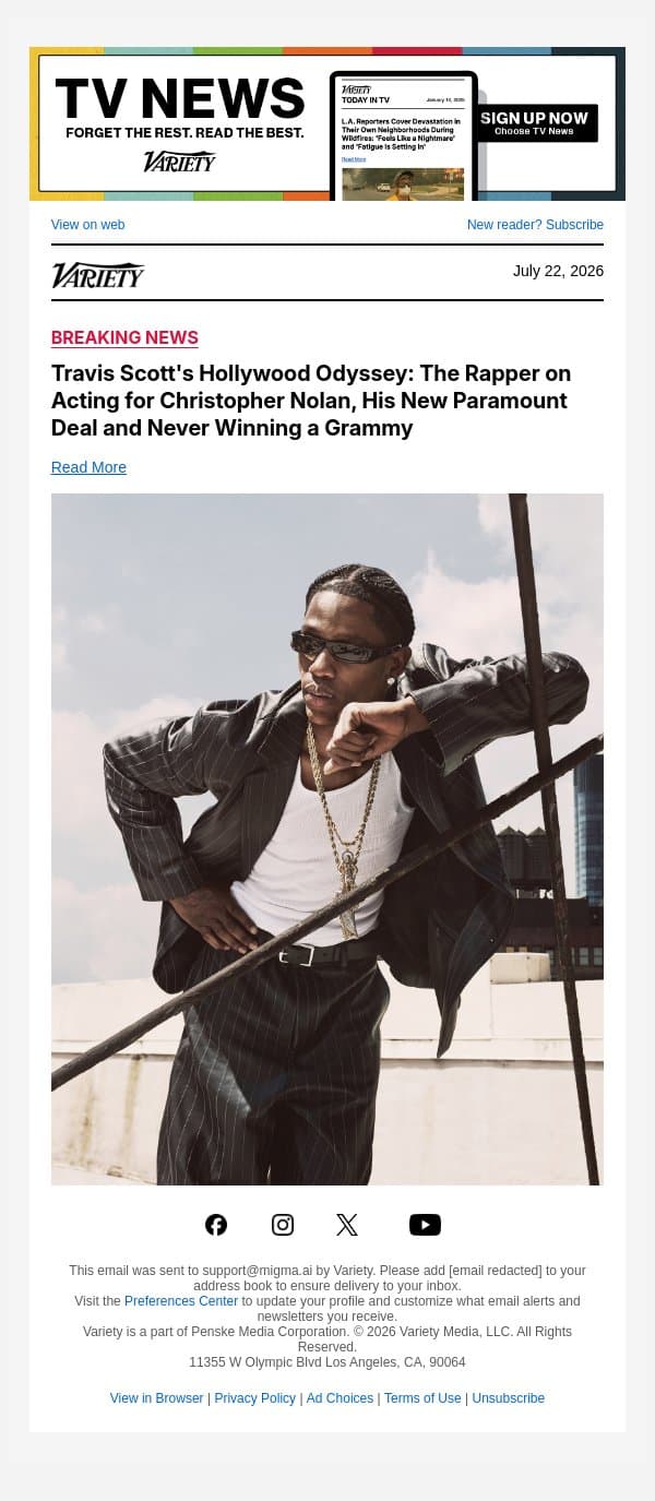 COVER STORY | Travis Scott's Hollywood Odyssey: The Rapper on Acting for Christopher Nolan, His New Paramount Deal and Never Winning a Grammy email from Variety screenshot