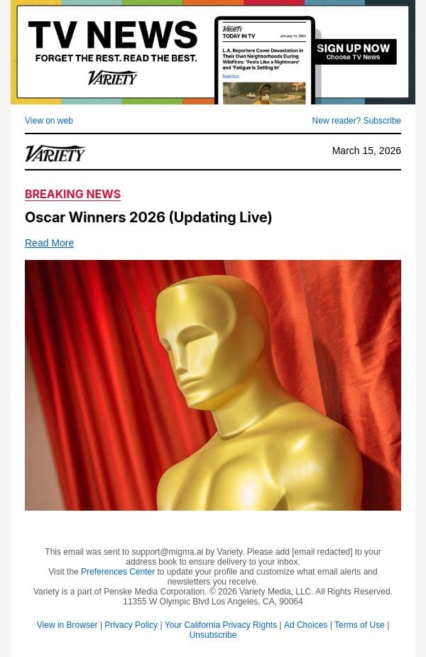 ‘KPop Demon Hunters’ Wins Oscar for Best Animated Film email from Variety screenshot