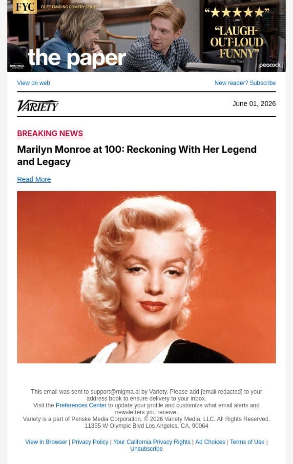 Marilyn Monroe at 100: Reckoning With Her Legend and Legacy email from Variety screenshot