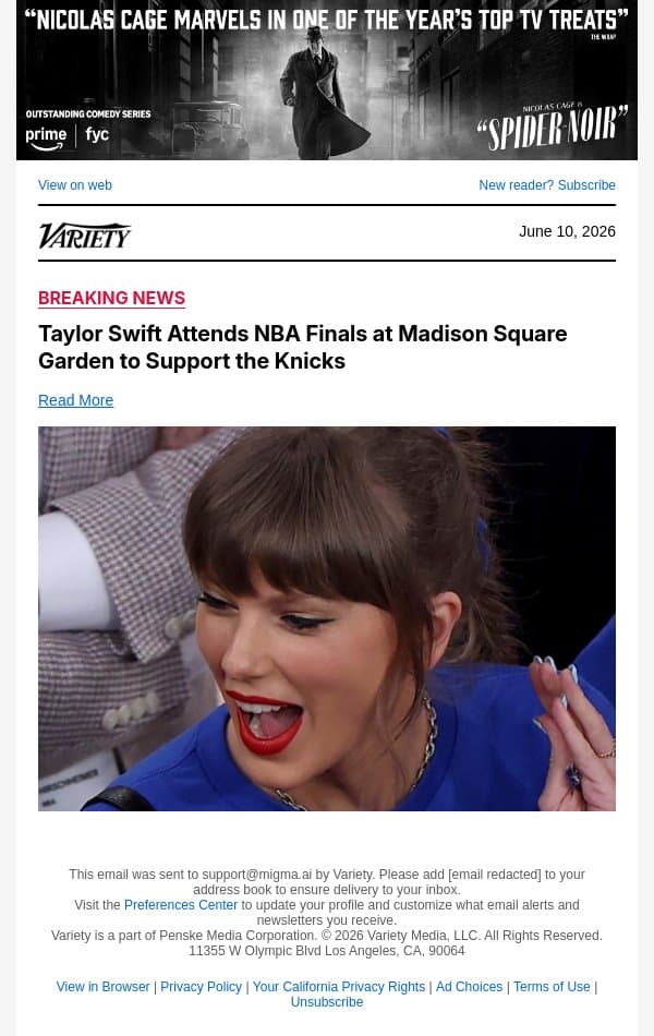 Taylor Swift Attends NBA Finals at Madison Square Garden to Support the Knicks email from Variety screenshot