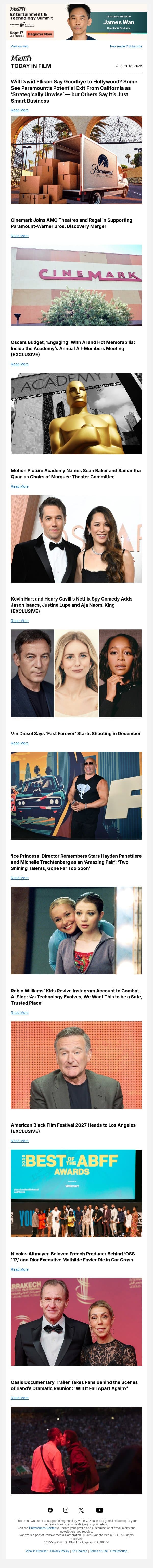 Will Ellison Leave Hollywood?; Cinemark Supports Paramount-WB Merger; Academy All-Members Meeting email from Variety screenshot