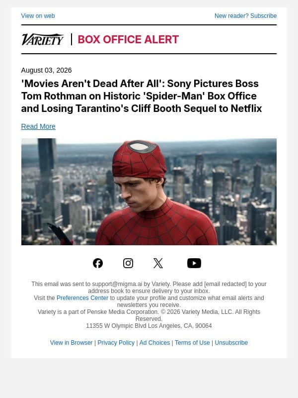 'Movies Aren't Dead After All': Sony Pictures Boss Tom Rothman on Historic 'Spider-Man' Box Office and Losing Tarantino's Cliff Booth Sequel to Netflix email from Variety screenshot