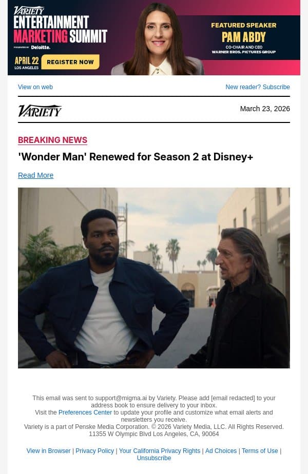 'Wonder Man' Renewed for Season 2 at Disney+ email from Variety screenshot