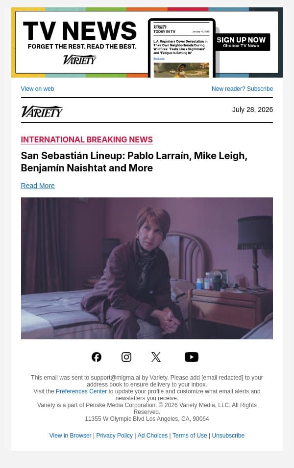 San Sebastián Lineup: Pablo Larraín, Mike Leigh, Benjamín Naishtat and More email from Variety screenshot
