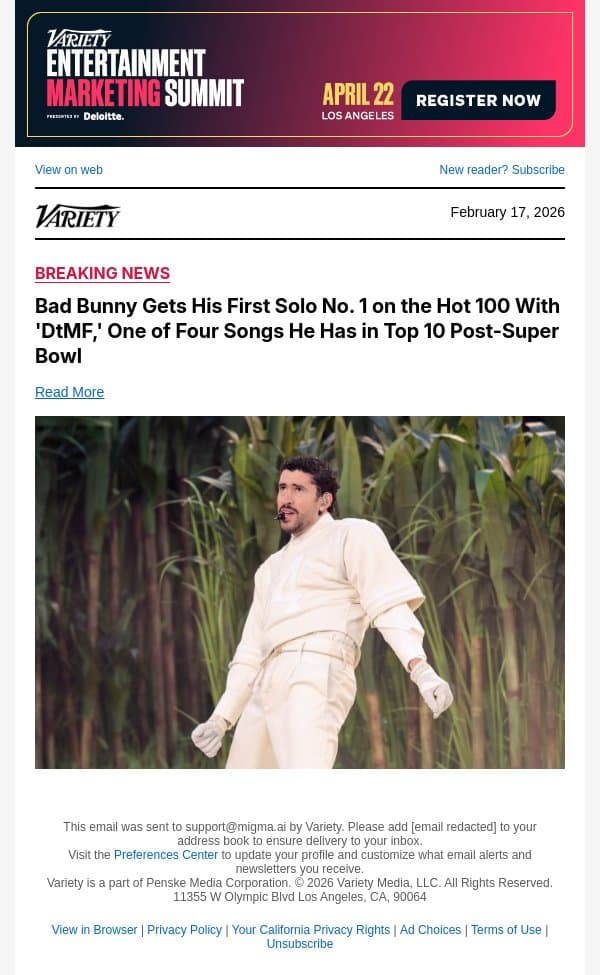 Bad Bunny Gets His First Solo No. 1 on the Hot 100 With 'DtMF,' One of Four Songs He Has in Top 10 Post-Super Bowl email from Variety screenshot