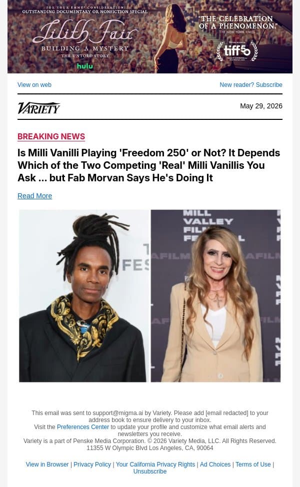 Is Milli Vanilli Playing 'Freedom 250' or Not? It Depends Which of the Two Competing 'Real' Milli Vanillis You Ask ... but Fab Morvan Says He's Doing It email from Variety screenshot
