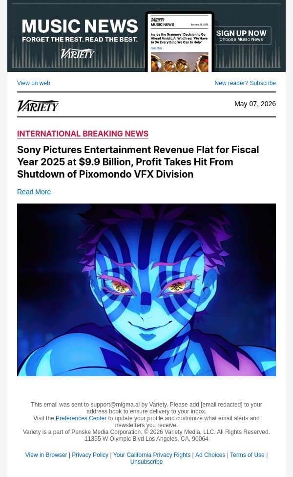 Sony Pictures Entertainment Revenue Flat for Fiscal Year 2025 at $9.9 Billion, Profit Takes Hit From Shutdown of Pixomondo VFX Division email from Variety screenshot