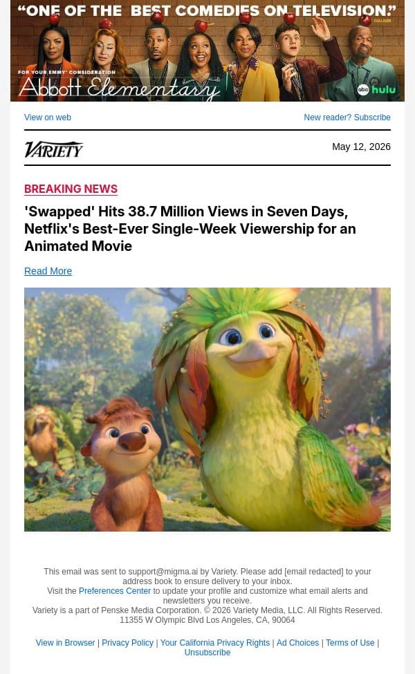 'Swapped' Hits 38.7 Million Views in Seven Days, Netflix's Best-Ever Single-Week Viewership for an Animated Movie email from Variety screenshot