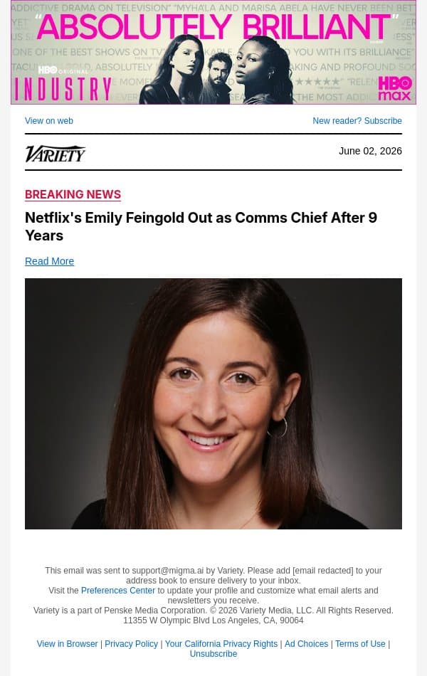Netflix's Emily Feingold Out as Comms Chief After 9 Years email from Variety screenshot