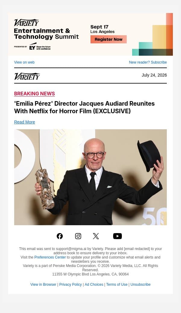 'Emilia Pérez' Director Jacques Audiard Reunites With Netflix for Horror Film (EXCLUSIVE) email from Variety screenshot