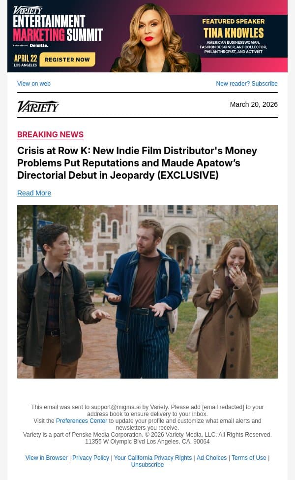 Crisis at Row K: New Indie Film Distributor's Money Problems Put Reputations and Maude Apatow’s Directorial Debut in Jeopardy (EXCLUSIVE) email from Variety screenshot