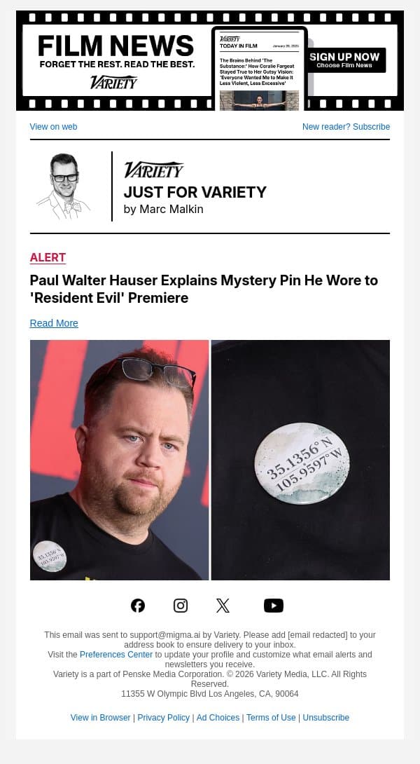 Paul Walter Hauser Explains Mystery Pin He Wore to 'Resident Evil' Premiere email from Variety screenshot