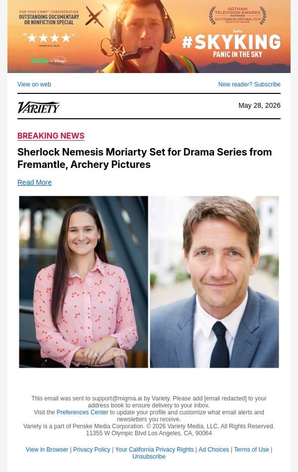 Sherlock Nemesis Moriarty Set for Drama Series from Fremantle, Archery Pictures email from Variety screenshot