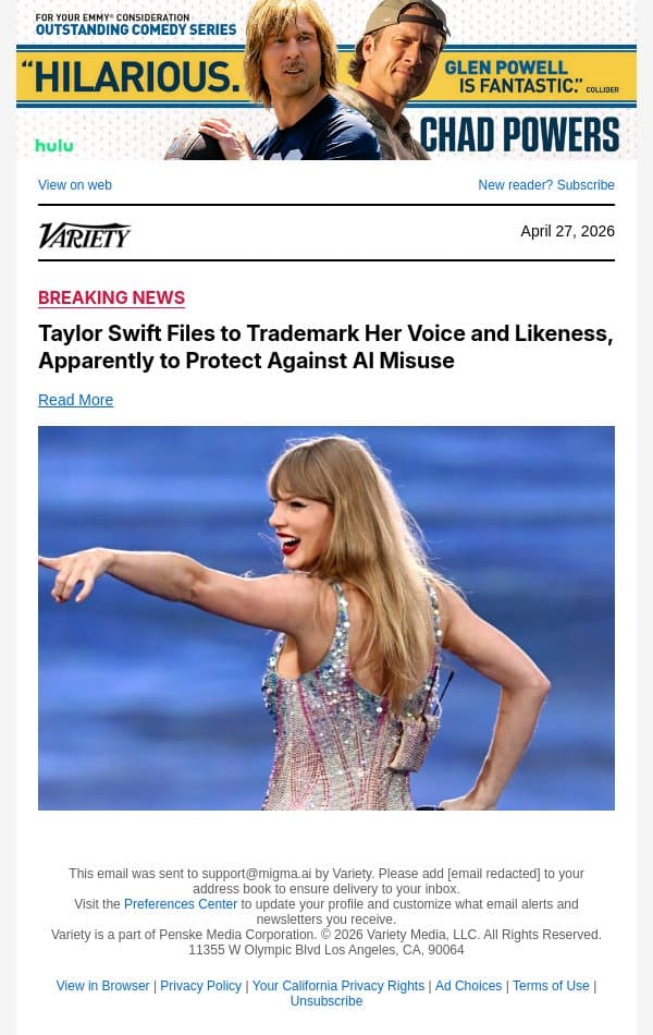 Taylor Swift Files to Trademark Her Voice and Likeness, Apparently to Protect Against AI Misuse email from Variety screenshot