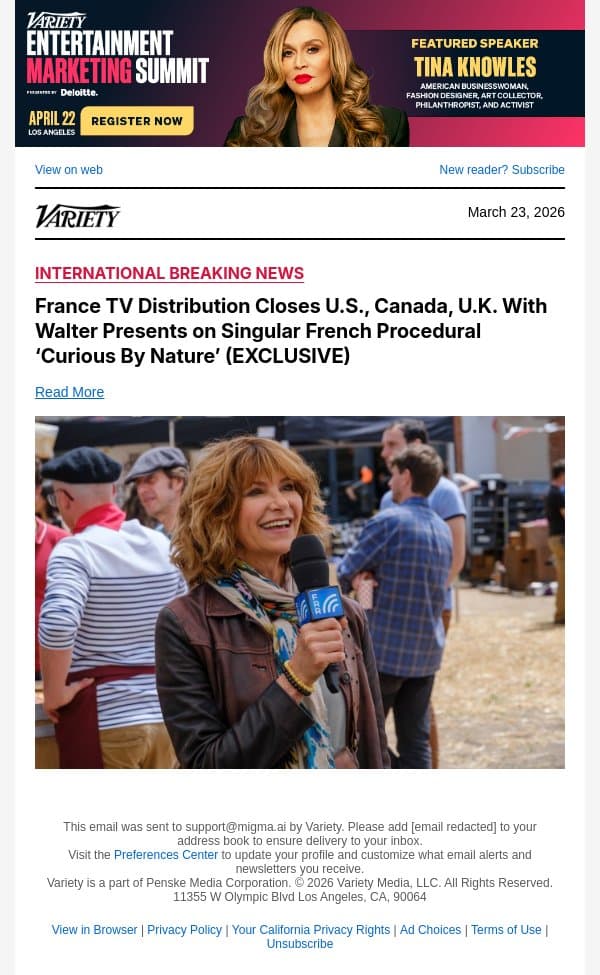 France TV Distribution Closes U.S., Canada, U.K. With Walter Presents on Singular French Procedural ‘Curious By Nature’ (EXCLUSIVE) email from Variety screenshot