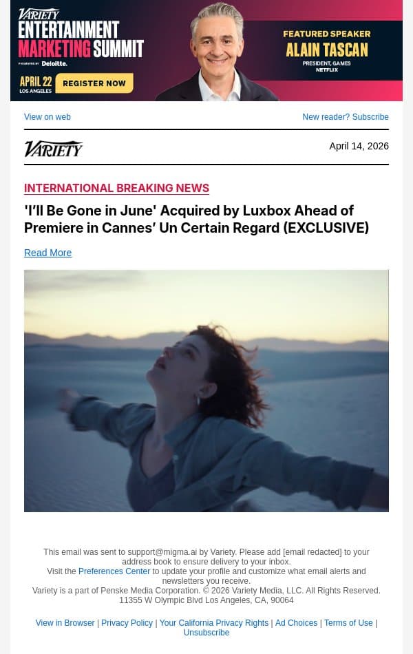 'I’ll Be Gone in June' Acquired by Luxbox Ahead of Premiere in Cannes’ Un Certain Regard (EXCLUSIVE) email from Variety screenshot