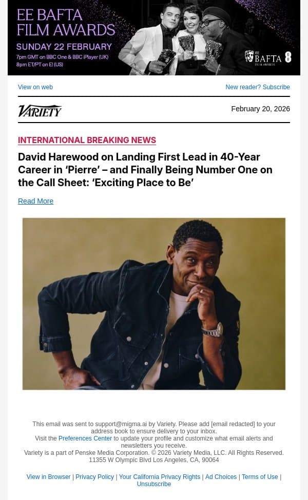 David Harewood on Landing First Lead in 40-Year Career in ‘Pierre’ – and Finally Being Number One on the Call Sheet: ‘Exciting Place to Be’ email from Variety screenshot