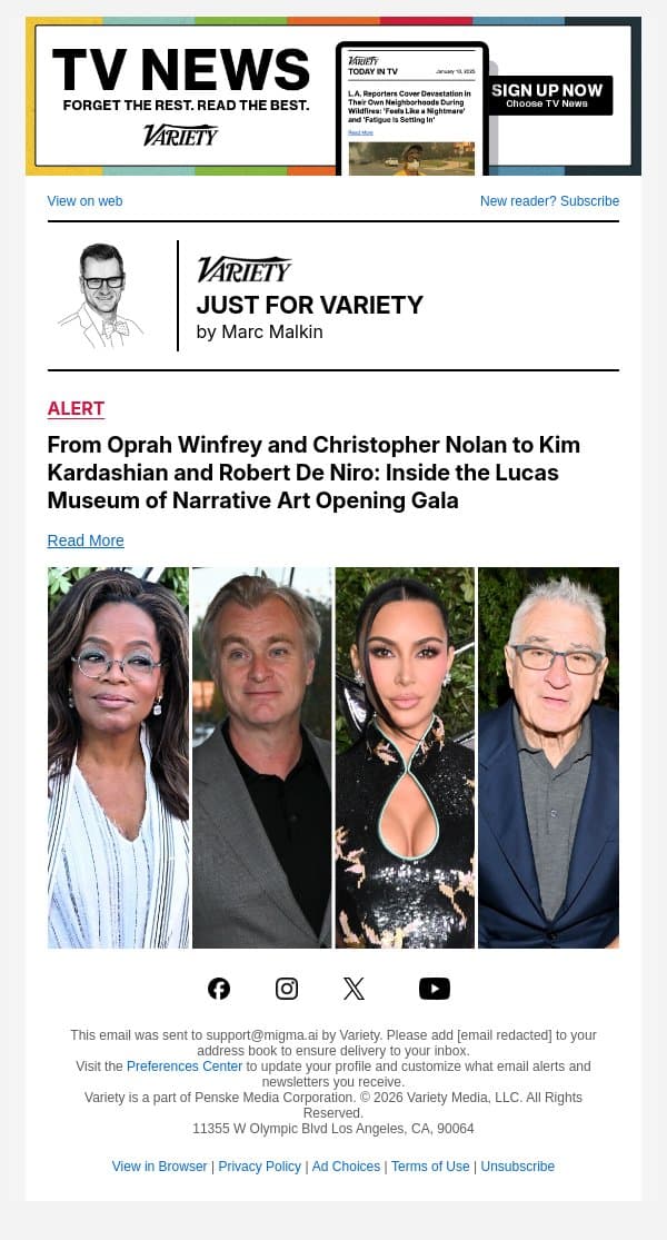 From Oprah Winfrey and Christopher Nolan to Kim Kardashian and Robert De Niro: Inside the Lucas Museum of Narrative Art Opening Gala email from Variety screenshot