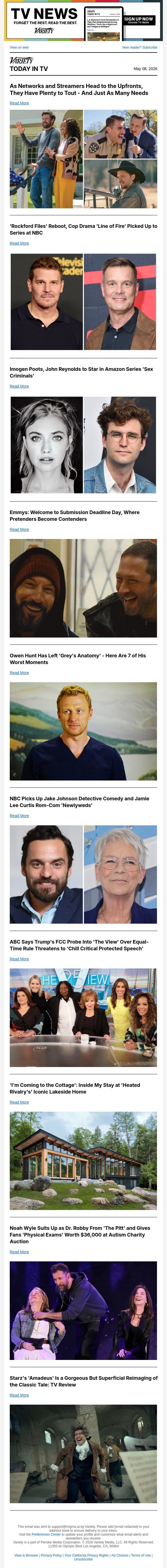What to Expect at Upfronts; 'Rockford Files' Reboot Picked Up; Emmys Submission Deadline email from Variety screenshot