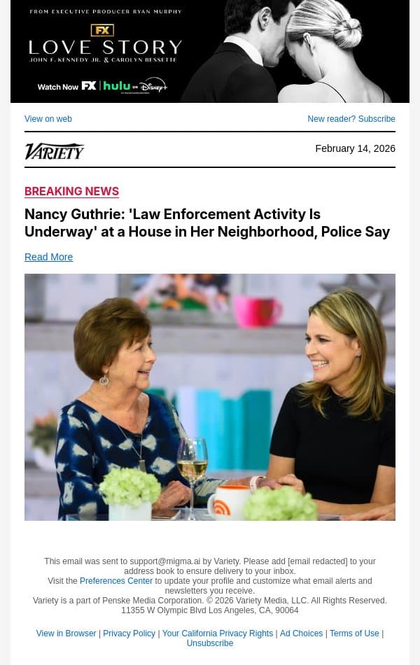 Nancy Guthrie: 'Law Enforcement Activity Is Underway' at a House in Her Neighborhood, Police Say email from Variety screenshot