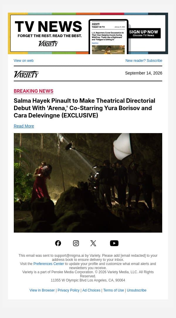 Salma Hayek Pinault to Make Theatrical Directorial Debut With 'Arena,' Co-Starring Yura Borisov and Cara Delevingne (EXCLUSIVE) email from Variety screenshot