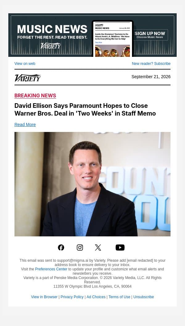 David Ellison Says Paramount Hopes to Close Warner Bros. Deal in 'Two Weeks' in Staff Memo email from Variety screenshot