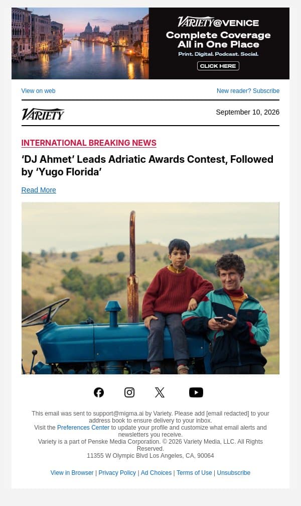 ‘DJ Ahmet’ Leads Adriatic Awards Contest, Followed by ‘Yugo Florida’ email from Variety screenshot